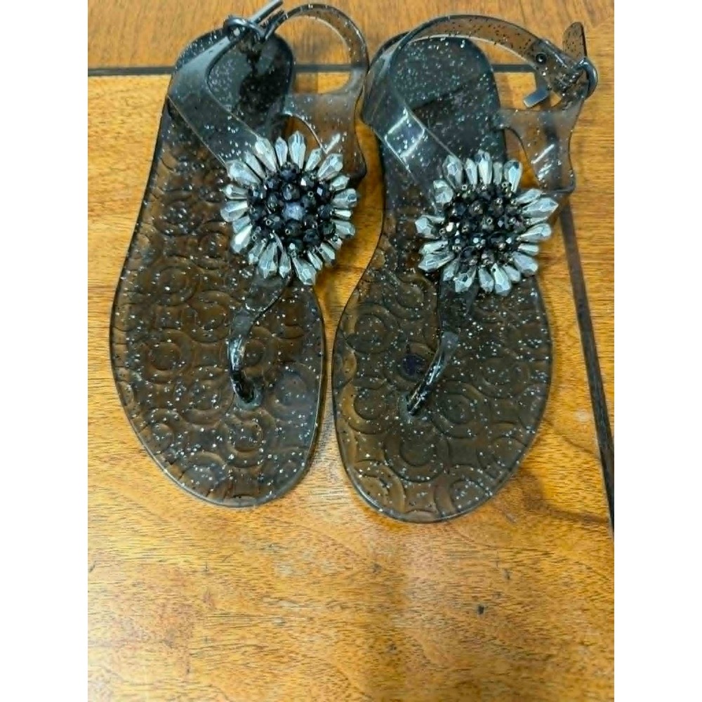 Coach Hilda Womens 8B Smoke Grey Jelly Sandals Crystal‎ Flower Thong Q1370